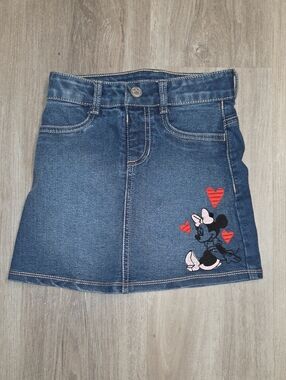Disney Dark Blue Denim Skirt with Minnie Embroidery and Red Hearts